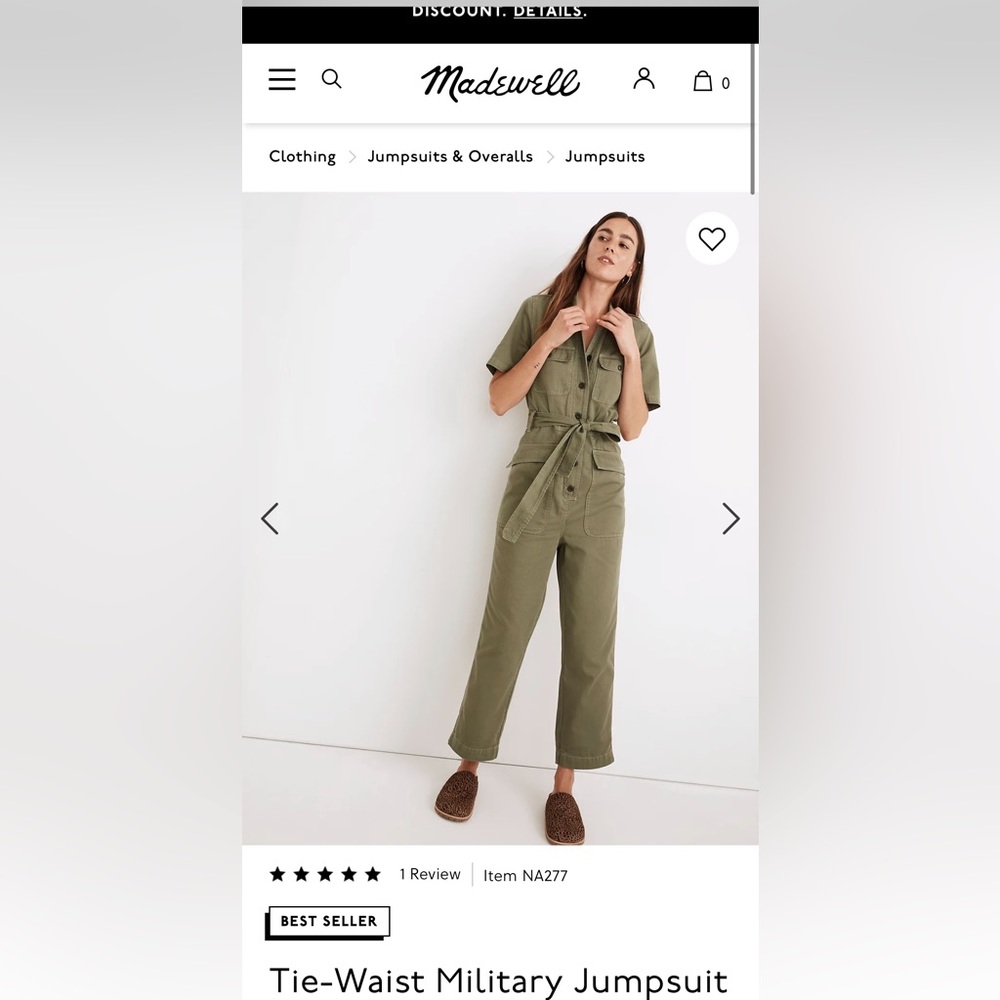 Madewell Tie-waist military jumpsuit, size S